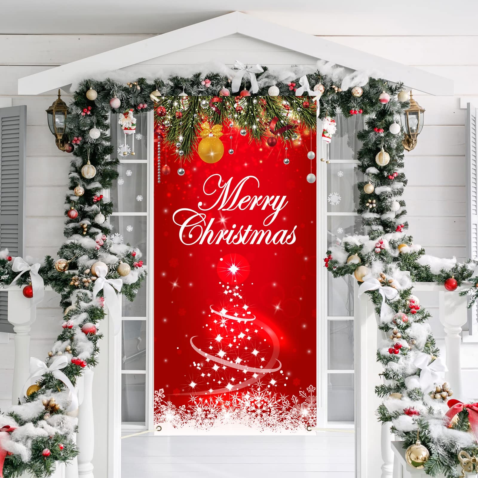 Merry Christmas Door Cover Red Xmas Backdrop Door Banner Santa Claus Merry Ch…