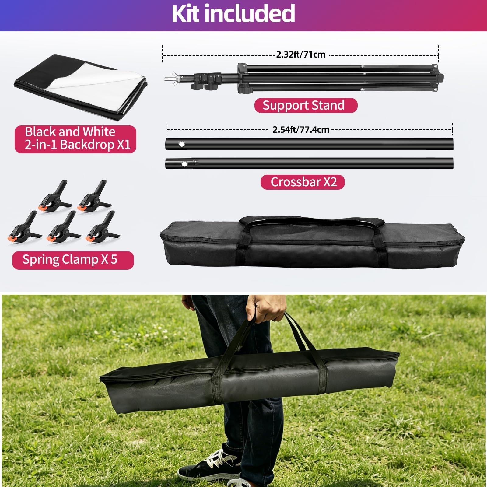 5×6.5ft Reversible Black & White Backdrop Screen Kit with T-Stand & 5 Clamps