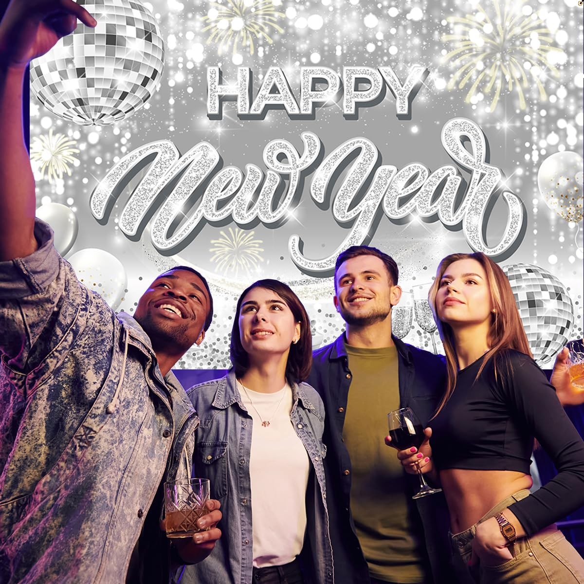 Happy New Year Backdrop-New Years Eve Party 5.9 feet x 3.6 feet, Silvery