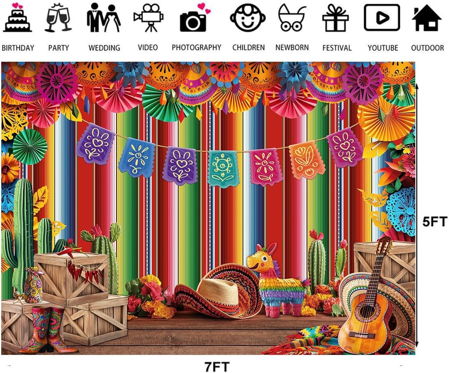 7x5ft Mexican Fiesta Backdrop Paper Flowers Photography Background 331