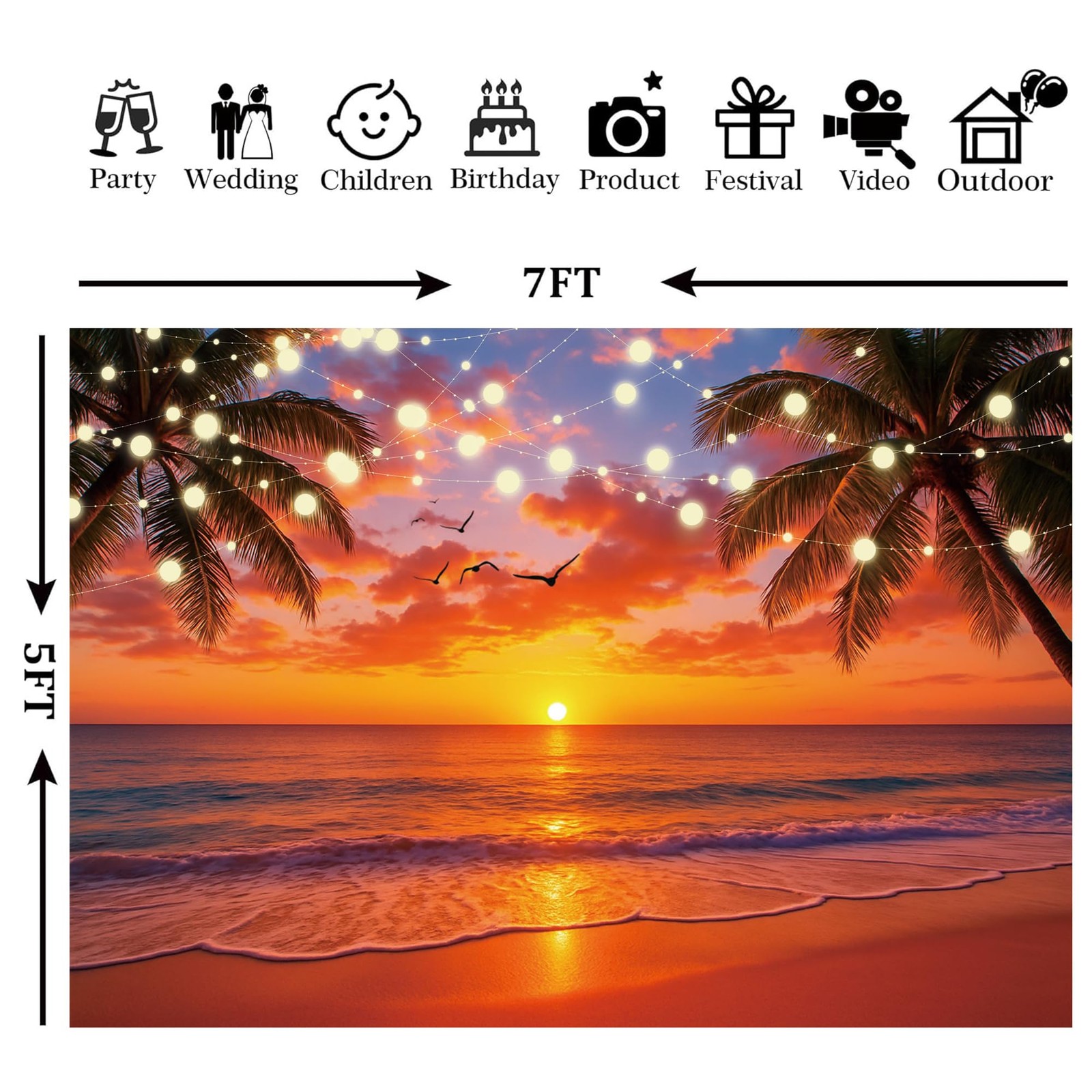 Summer Sunset Beach Backdrop Hawaiian Tropical Palm Leaves 7x5ft Polyester