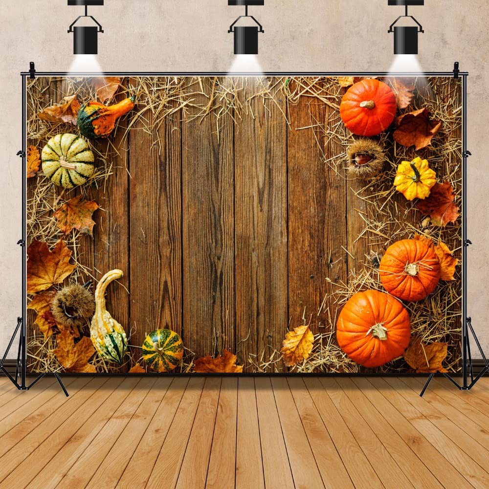 7x5ft Fall Harvest Backdrop Brown Grunge Wood Board Pumpkins Dry Hay Leaves