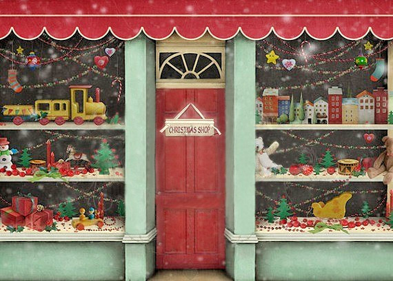 Holiday Photo Backdrop Prop CHRISTMAS SHOP reinforced Vinyl 9x6FT Immaculate!