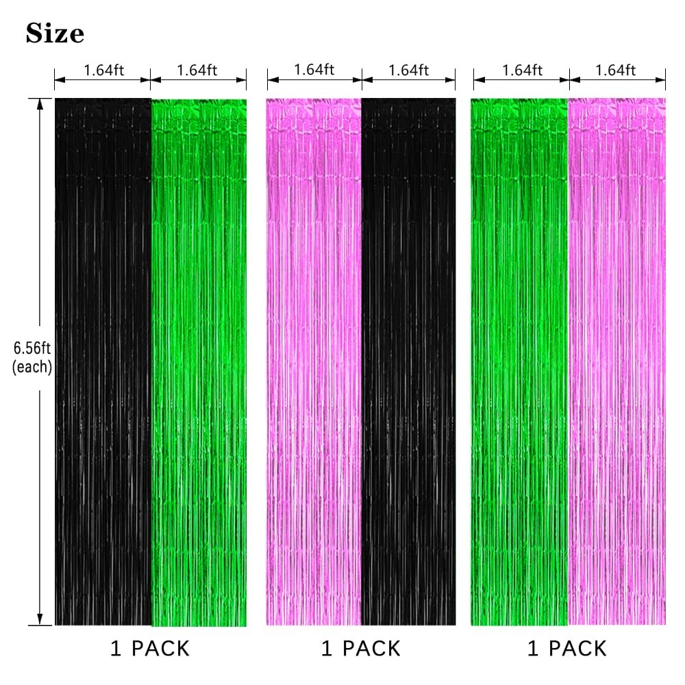 3 Pack Foil Fringe Curtain, Black, Pink, Green, Streamers, Halloween, Birthday