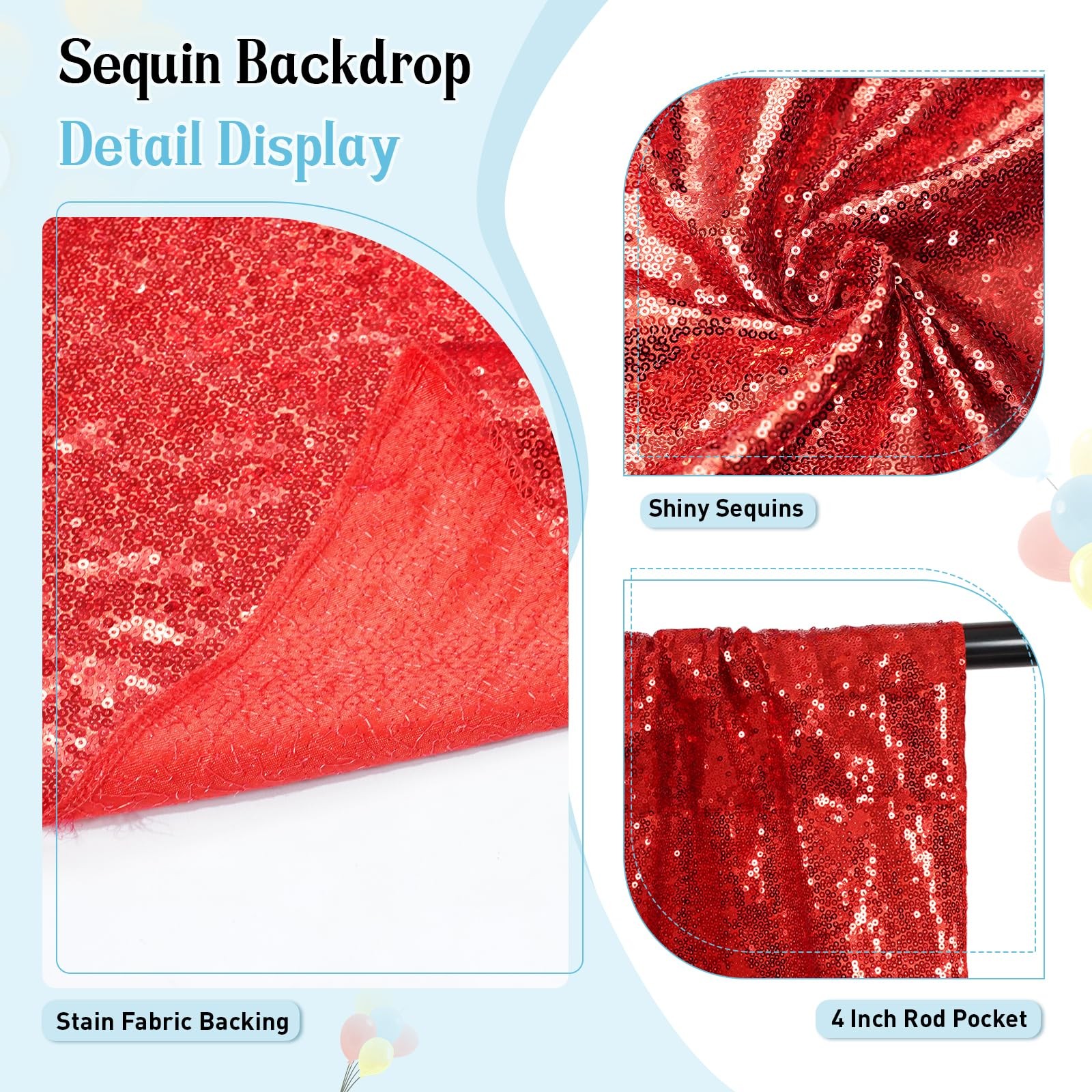 1 Panel 6x6ft Red Sequin Backdrop High Density Glitter Curtain 4″ Pocket