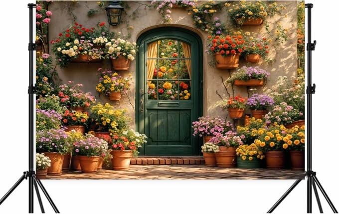 7x5ft Floral Spring Garden Backdrop Wooden Door Wedding Photo Prop Color1