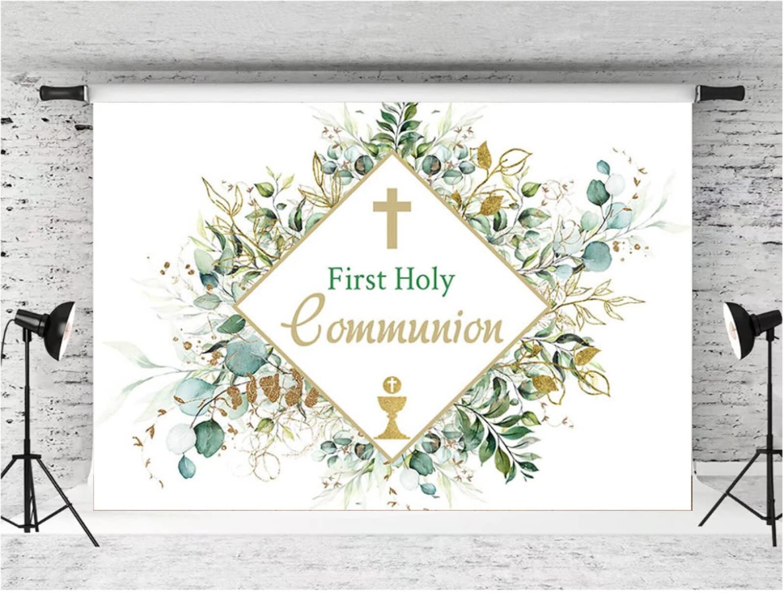 First Communion Green Leaves Backdrop God Bless Baptism 7’x5′ Vinyl Photography
