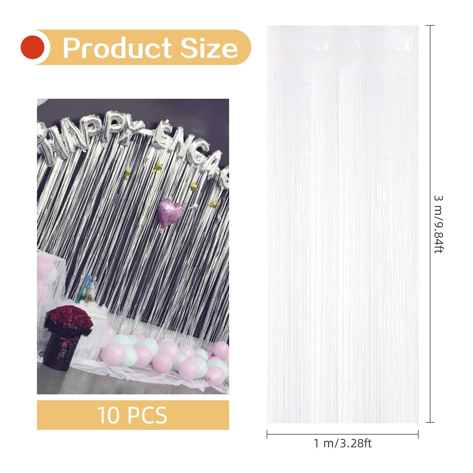 10 Pack 3.2 x 9.8 Ft White Foil Fringe Curtain Metallic Tinsel Streamers