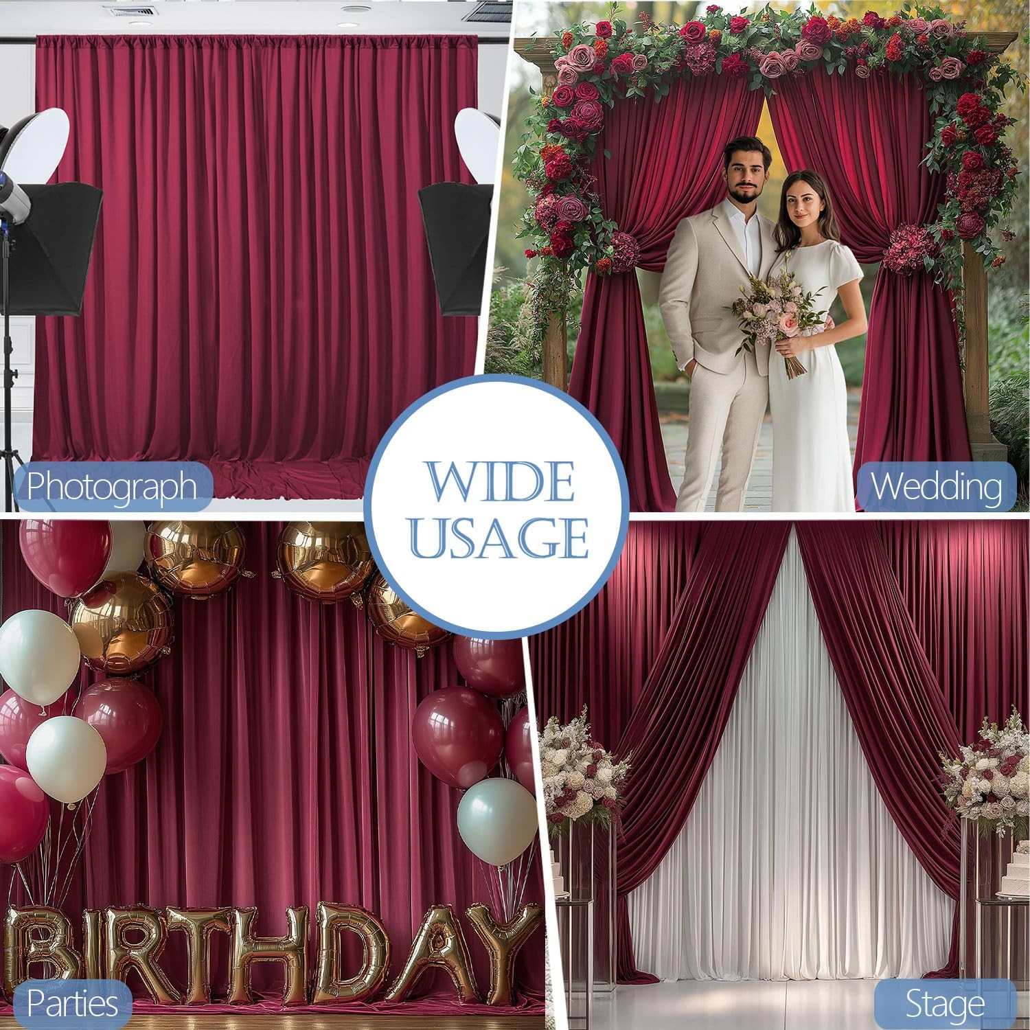 2 Panels 5x10ft Wrinkle Free Burgundy Backdrop Curtain 10x10ft Fabric Drape