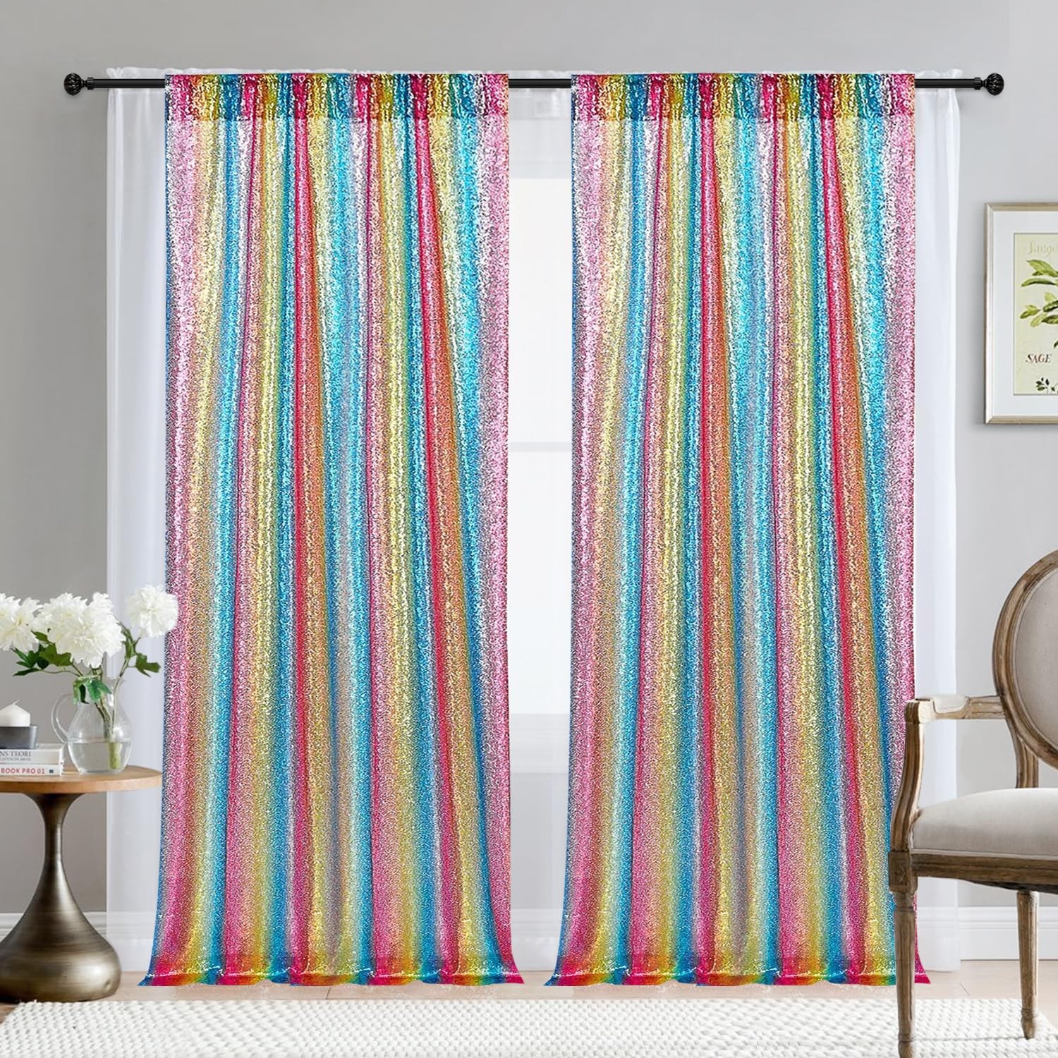 2 PCS 28FT Rainbow Sequin Backdrop Curtains Panels Photography Glitter Decor