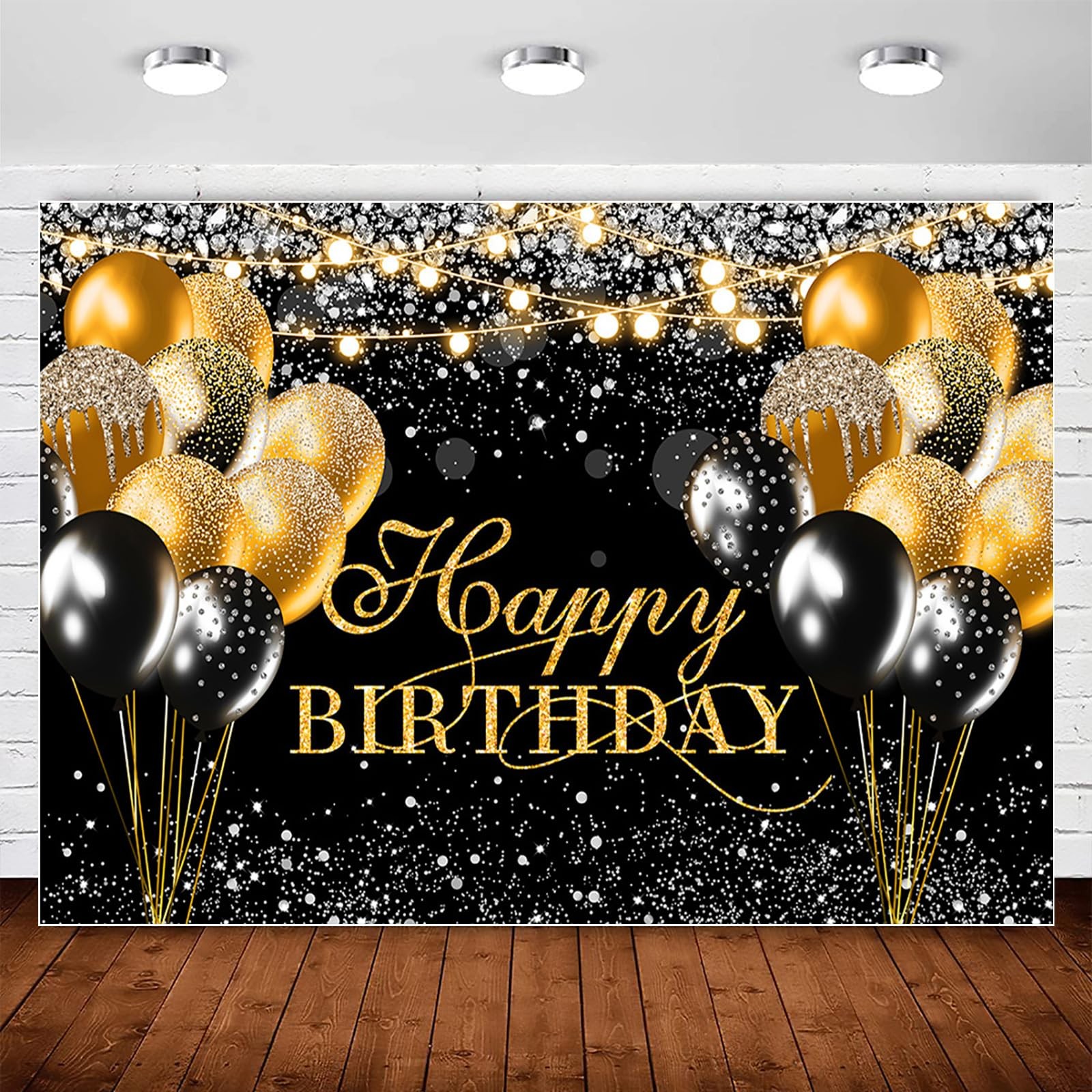 Black Gold Happy Birthday Backdrop Banner Men Birthday Party Decorations Glit…