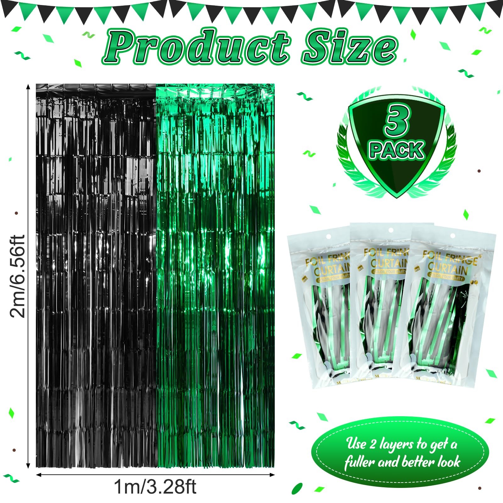 Graduation Foil Fringe Curtain Backdrop Green Black Metallic 6.6 Ft 3 Pack