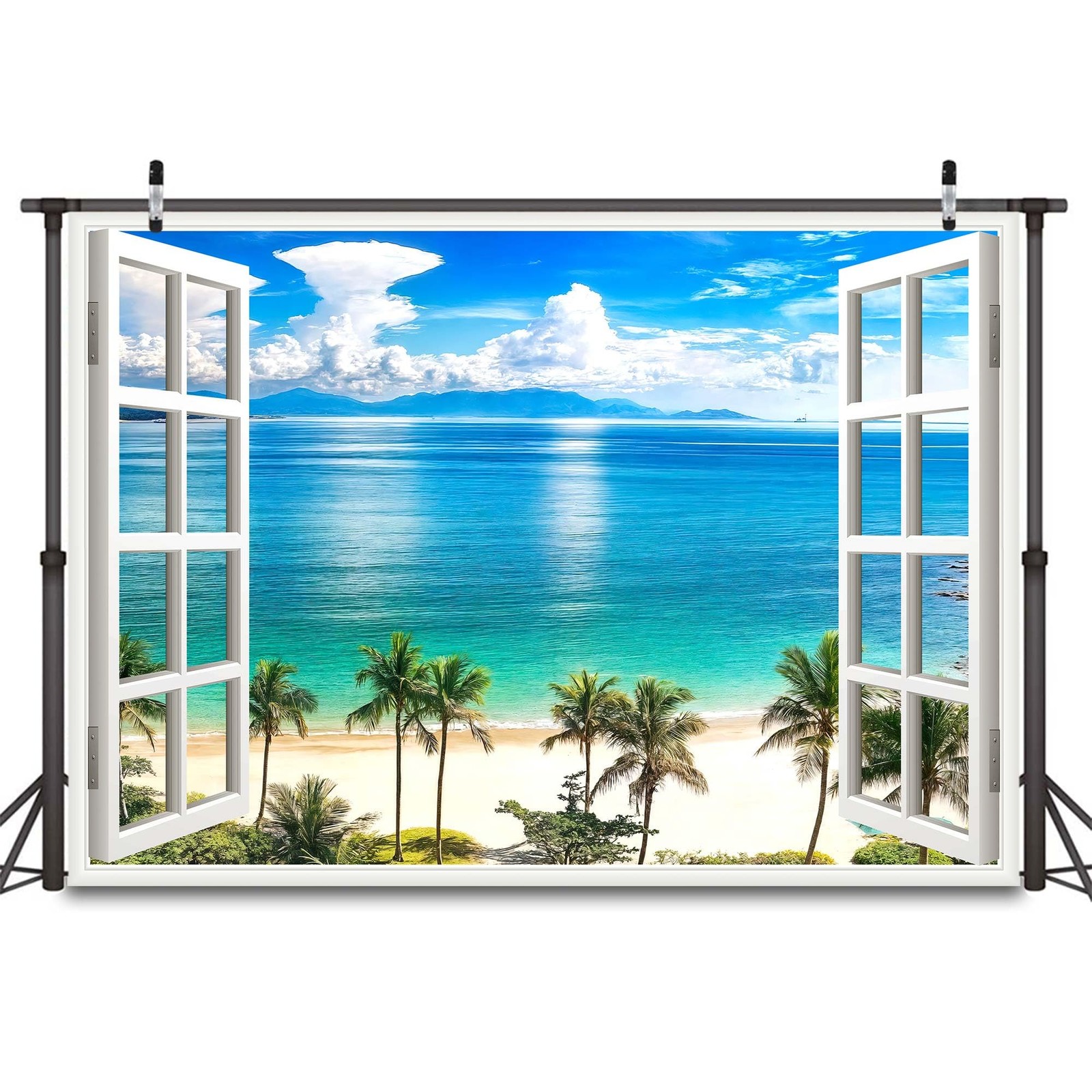 Summer Beach Window Backdrop Hawaii Tropical Island Palm Ocean 6×4 Ft Prop
