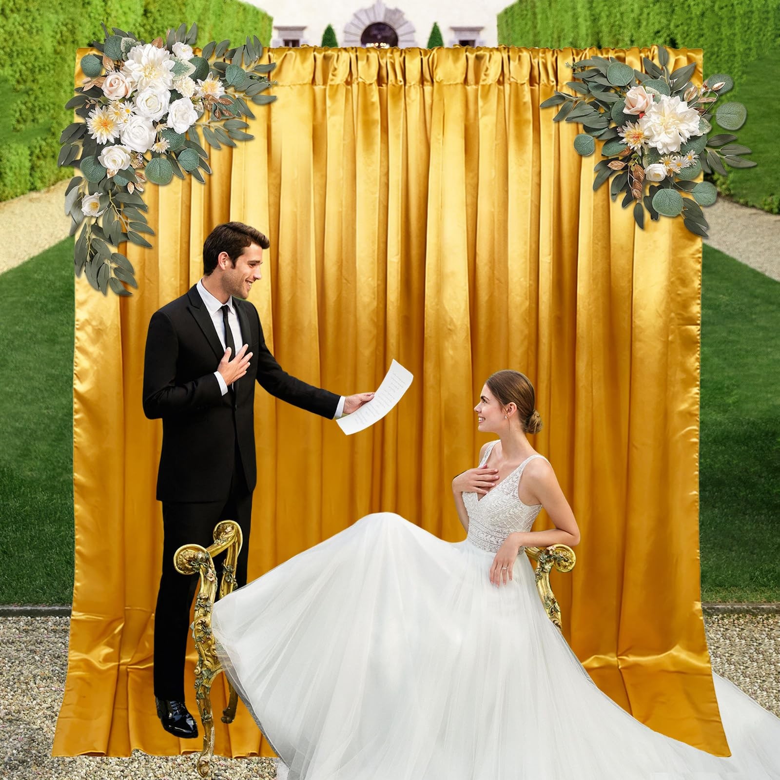Gold Backdrop Curtains 2 Panels 5x10FT Satin Fabric Rod Pocket 10x10FT