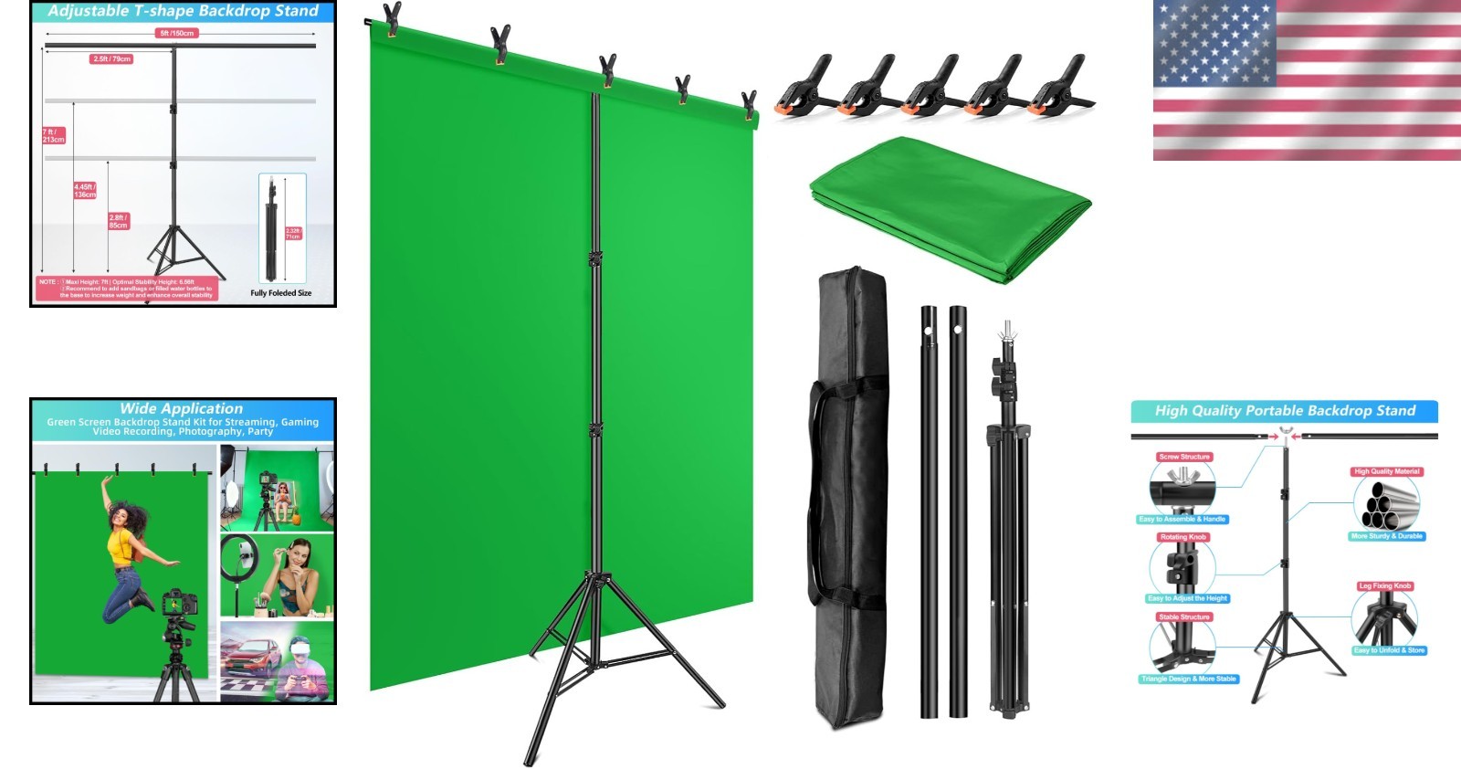 Deluxe 5×6.5ft Portable Green Screen Backdrop Kit for Streaming & Photography
