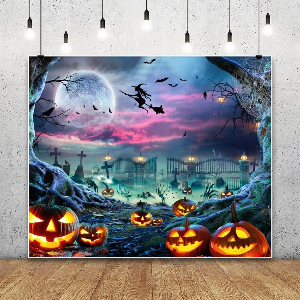 Halloween Backdrop Background 10x8ft Scary Full Moon Pumpkin Cemetery Hallowe…