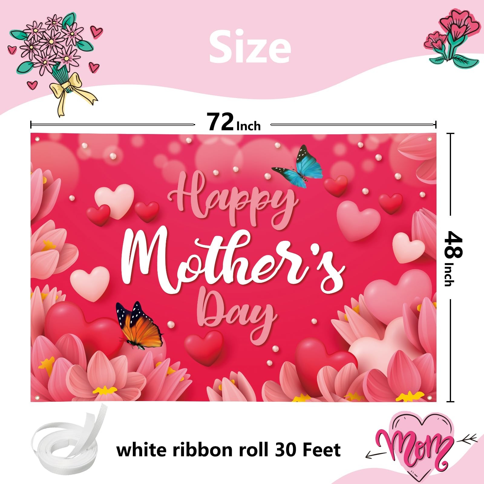 Mothers Day Banner 72″ x 48″ Decorations Happy Mother’s Day Backdrop Flowers Red