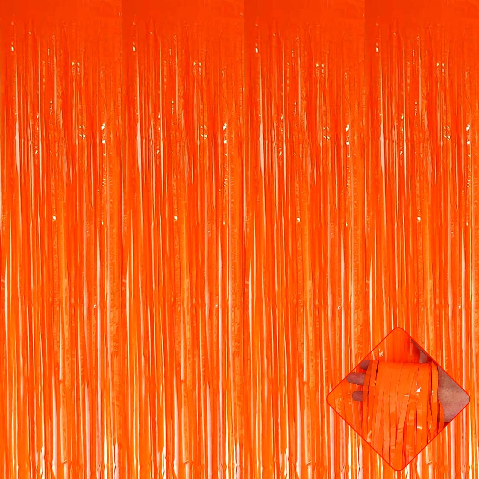 4 PCS Orange Foil Fringe Curtain Backdrop Metallic Tinsel Streamers 3.2×8.2 FT