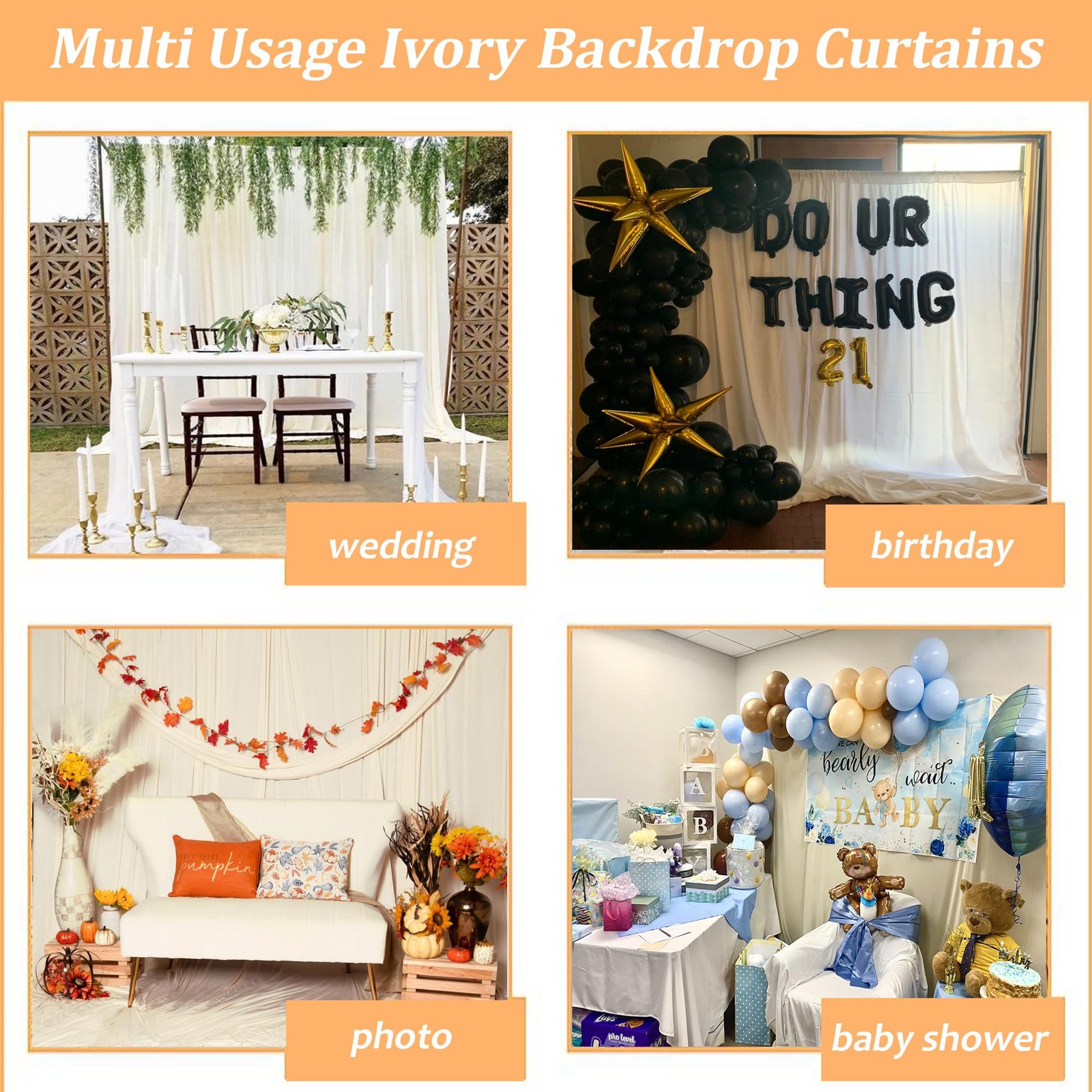 Ivory Backdrop Curtain Wrinkle Polyester Photography Drapes 8×10 FT 2 Panels
