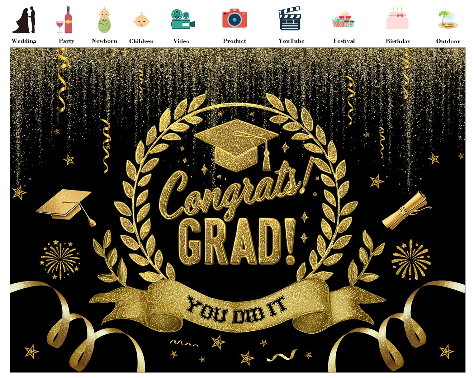 10x8ft Black Gold Congrats Grad Backdrop Graduation Party Photo Background
