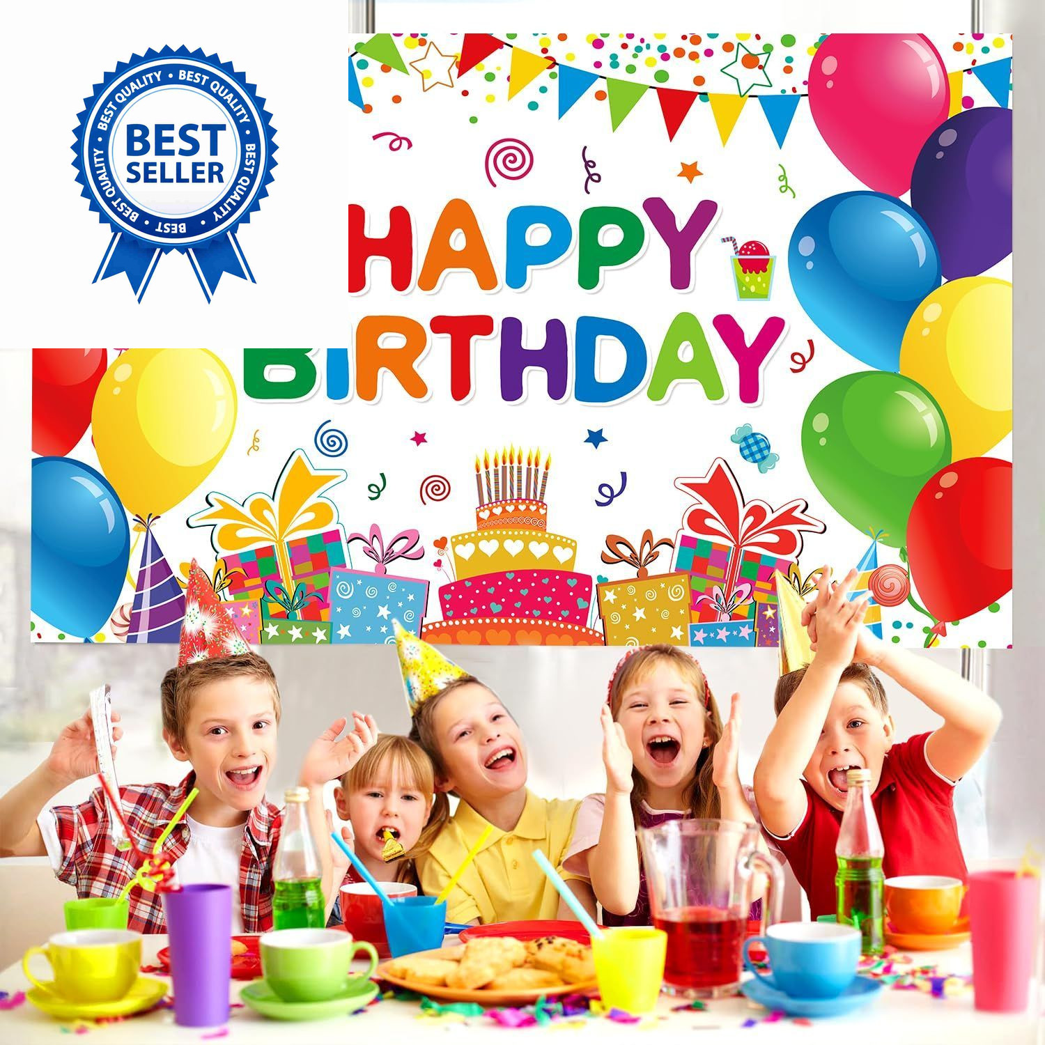Happy Birthday Backdrop Banner- Colorful 6×3.6ft, Multicolor
