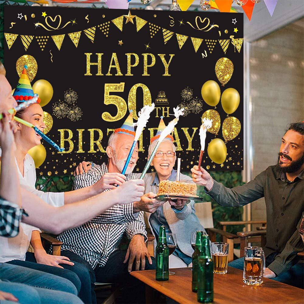50th Birthday Backdrop Gold and Black 5.9 X 3.6 Fts Happy Birthday Party Deco…