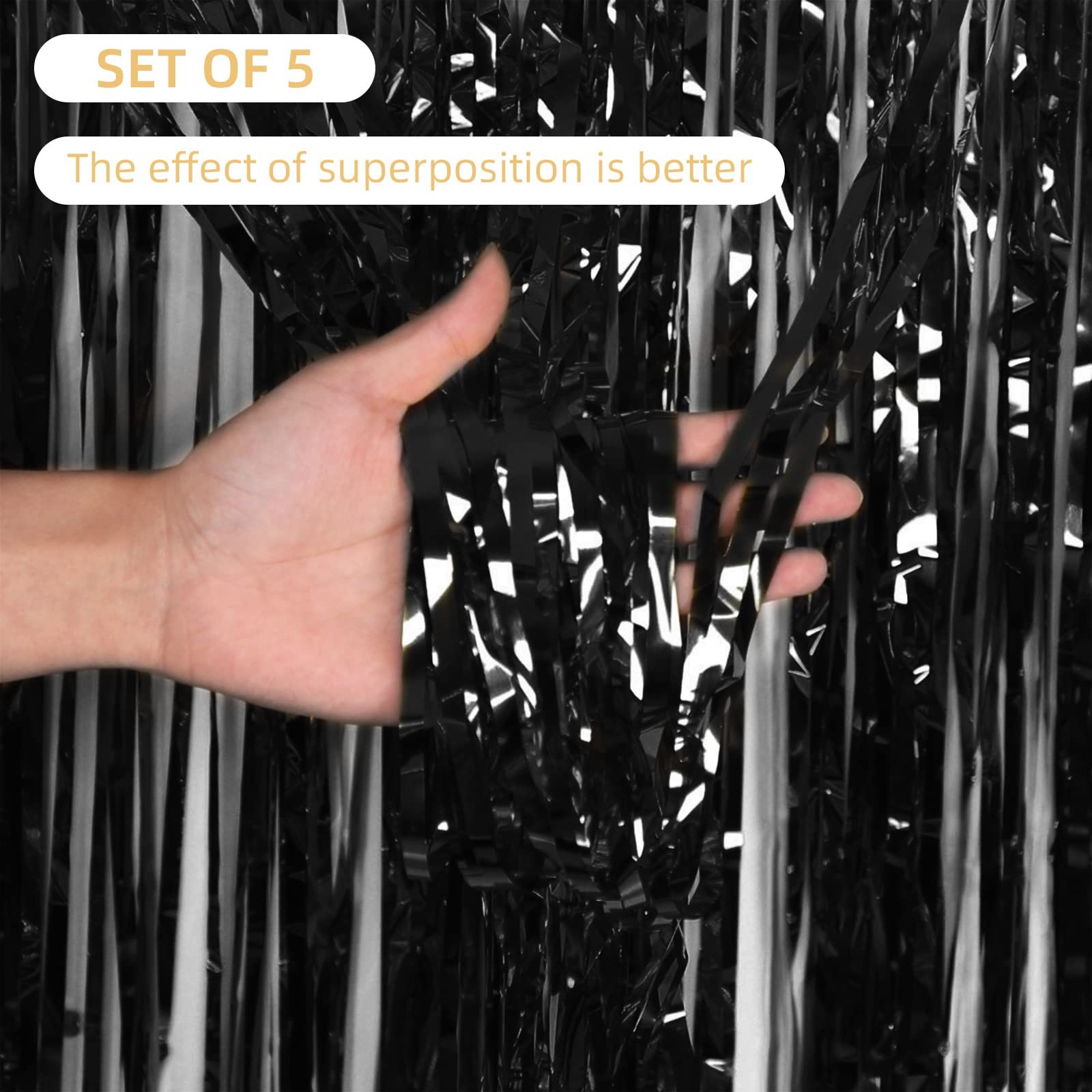 5 Pack Black Foil Fringe Curtain Backdrop 3.2×9.8ft Metallic Tinsel Prop