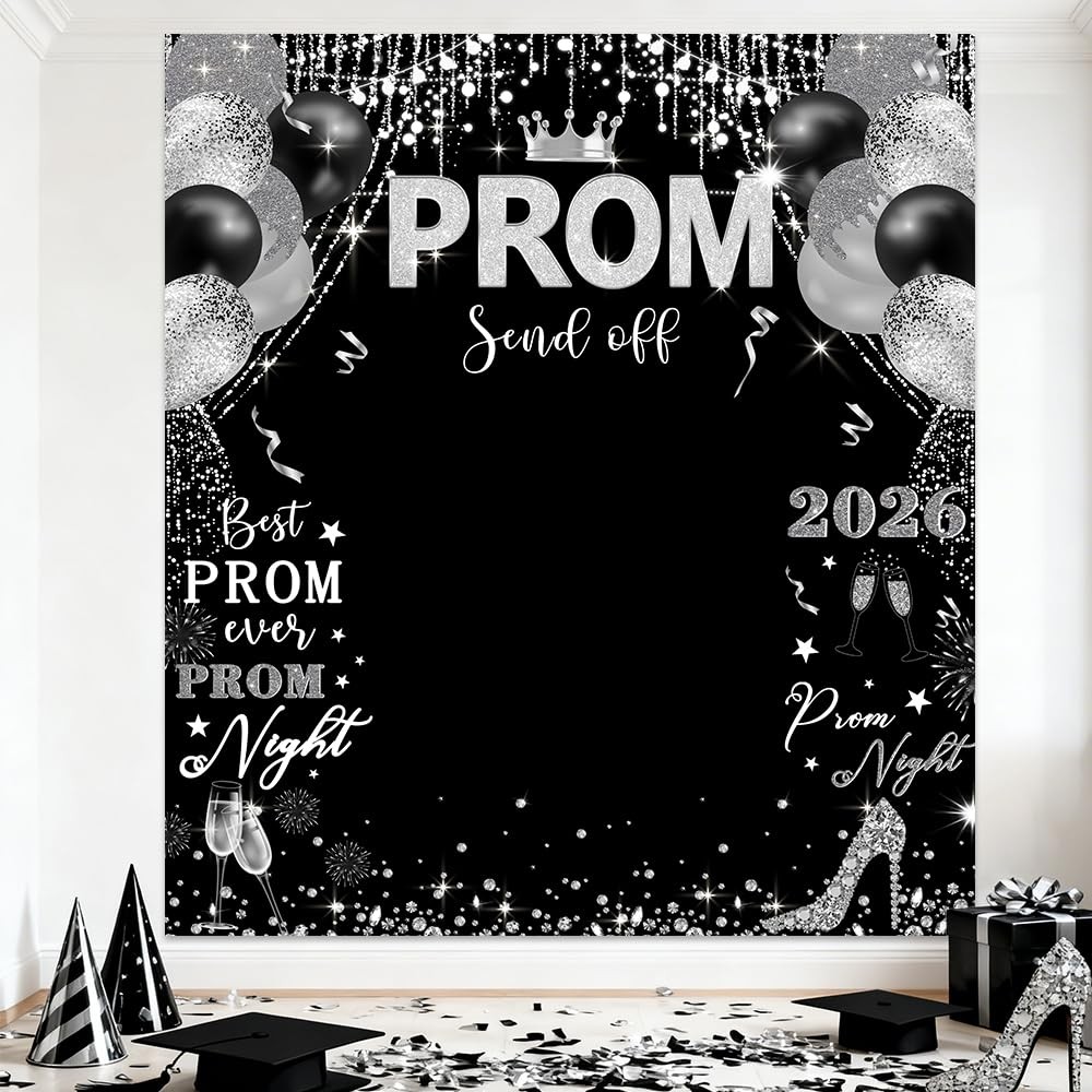 Prom 2026 Graduations Backdrop Congrats Grad Banner Black Silver Glitter Balloon
