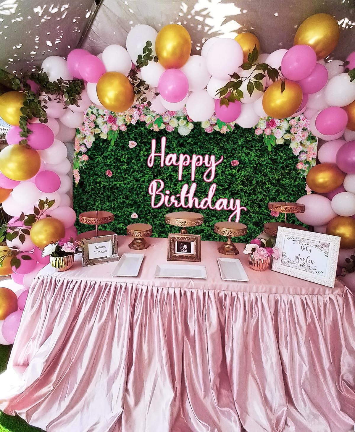7x5ft Green Leaves Pink Rose Floral Wall Girl Birthday Photo Backdrop
