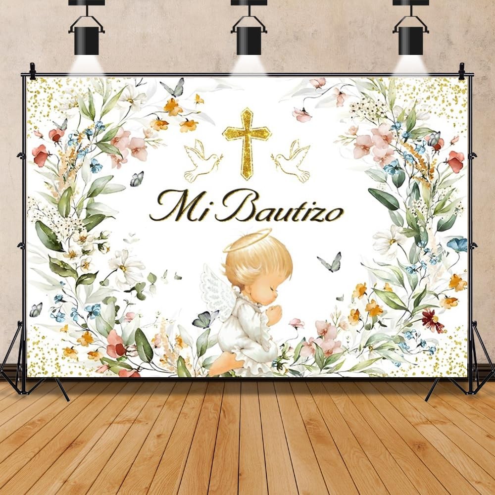 Green God Bless Baptism Backdrop Pink Floral Gold Cross for First Communion