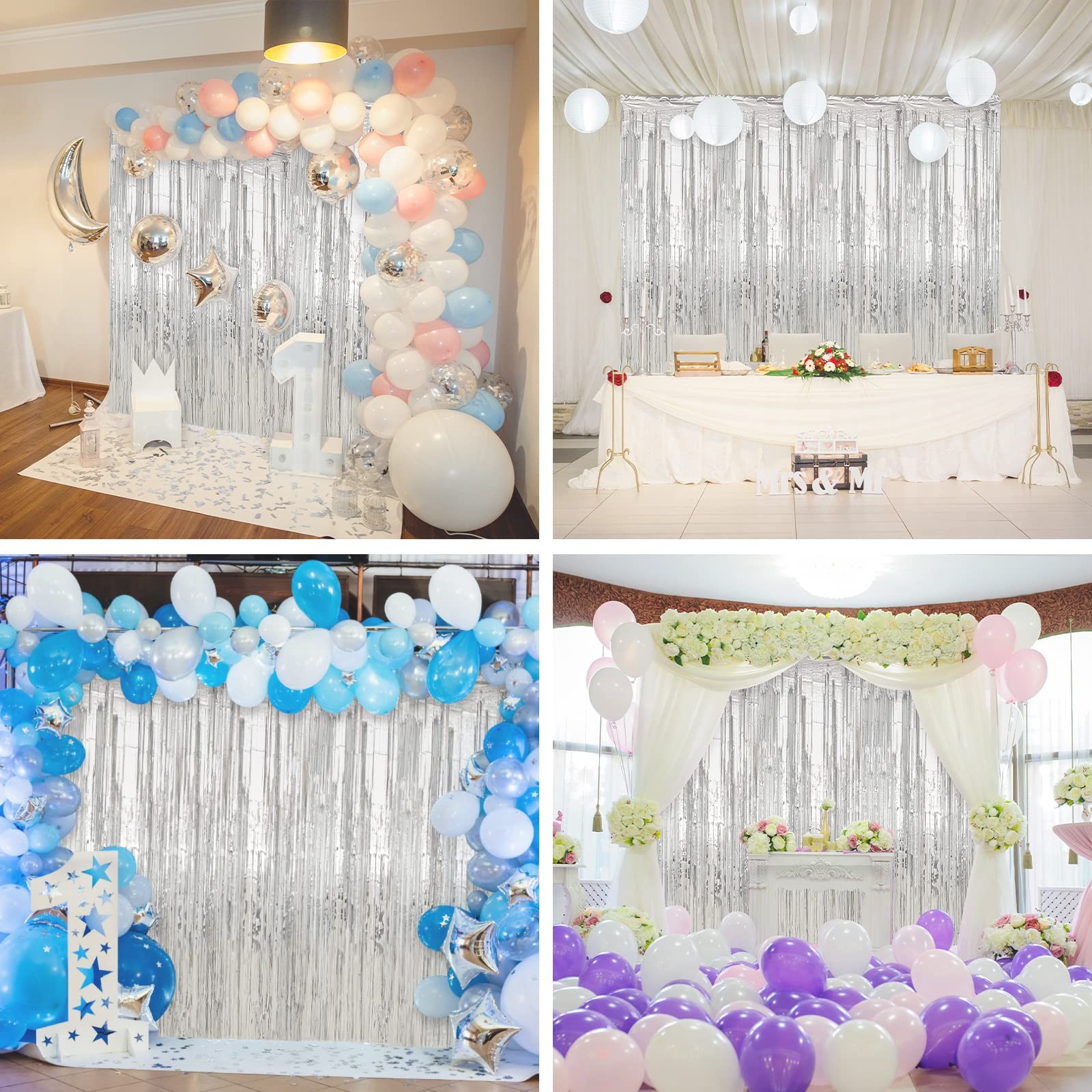 4 PCS 3.3×9.9 Ft Silver Foil Fringe Curtain Backdrop Tinsel Door Streamer