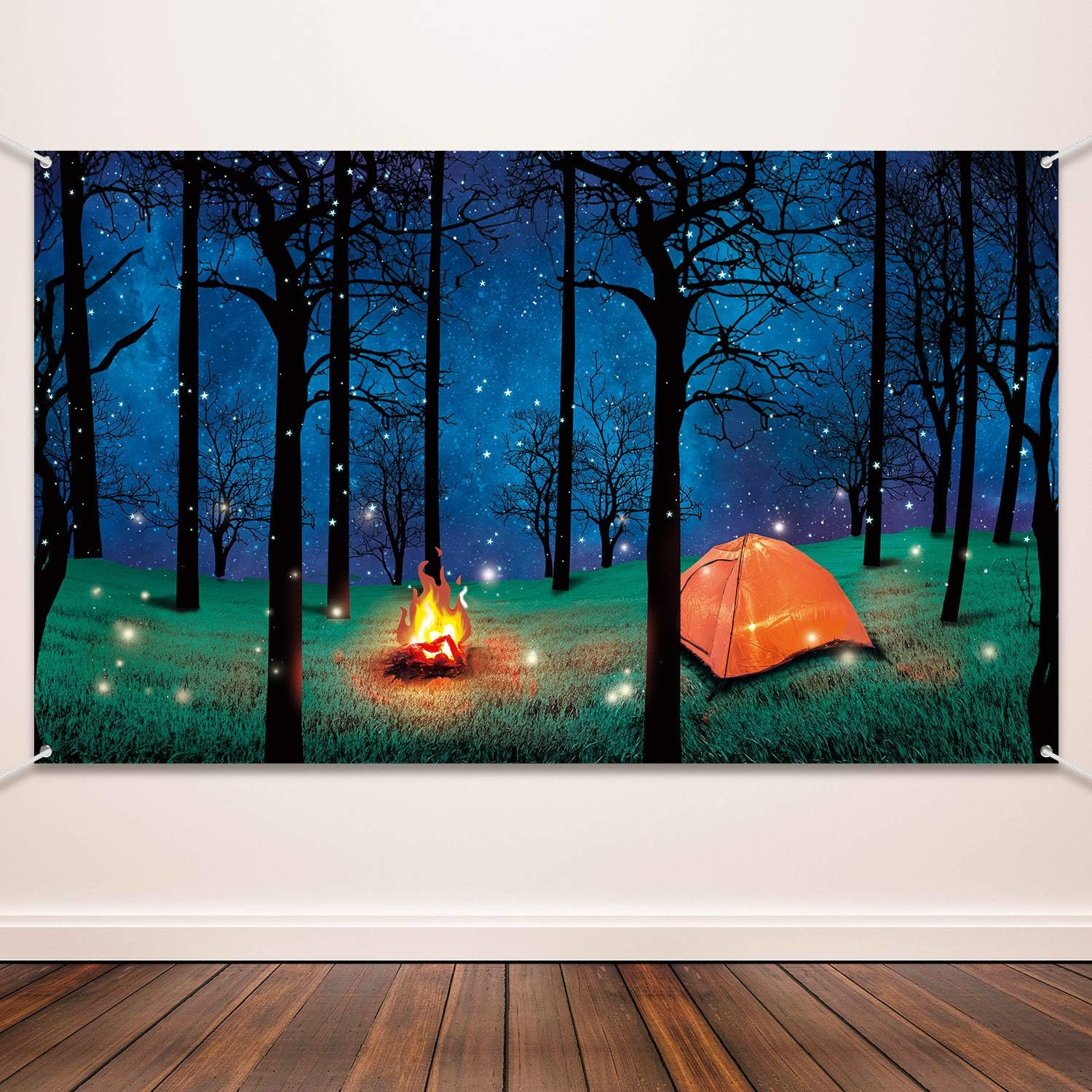 Forest Camping Backdrop 6.1 x3.6ft Campfire Tent Forest Scene Photo Party Banner