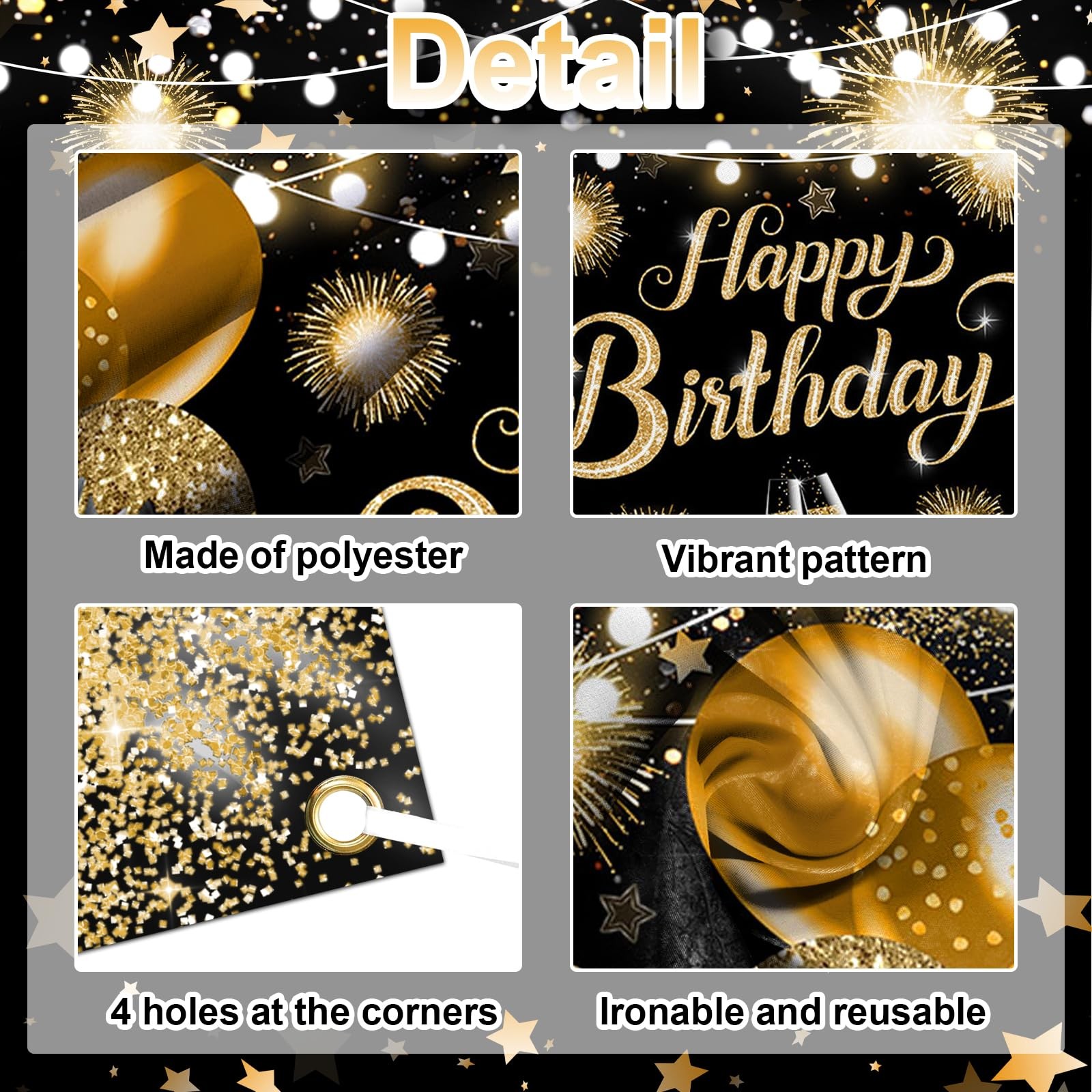 Happy Birthday Banner Glitter Black Gold Happy Birthday Backdrop Photo Backgr…