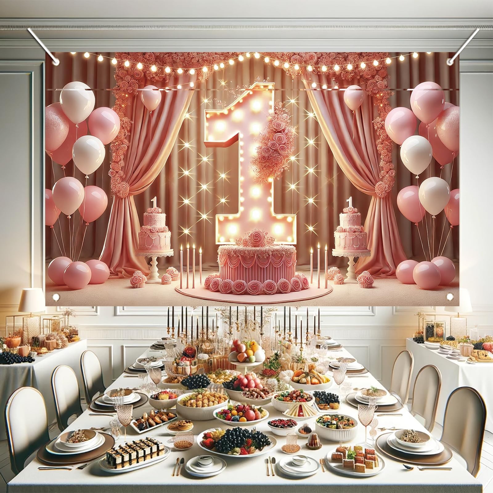 Pink 1st Birthday Backdrop 71 x 43 Inch Princess First Birthday Party Banner …