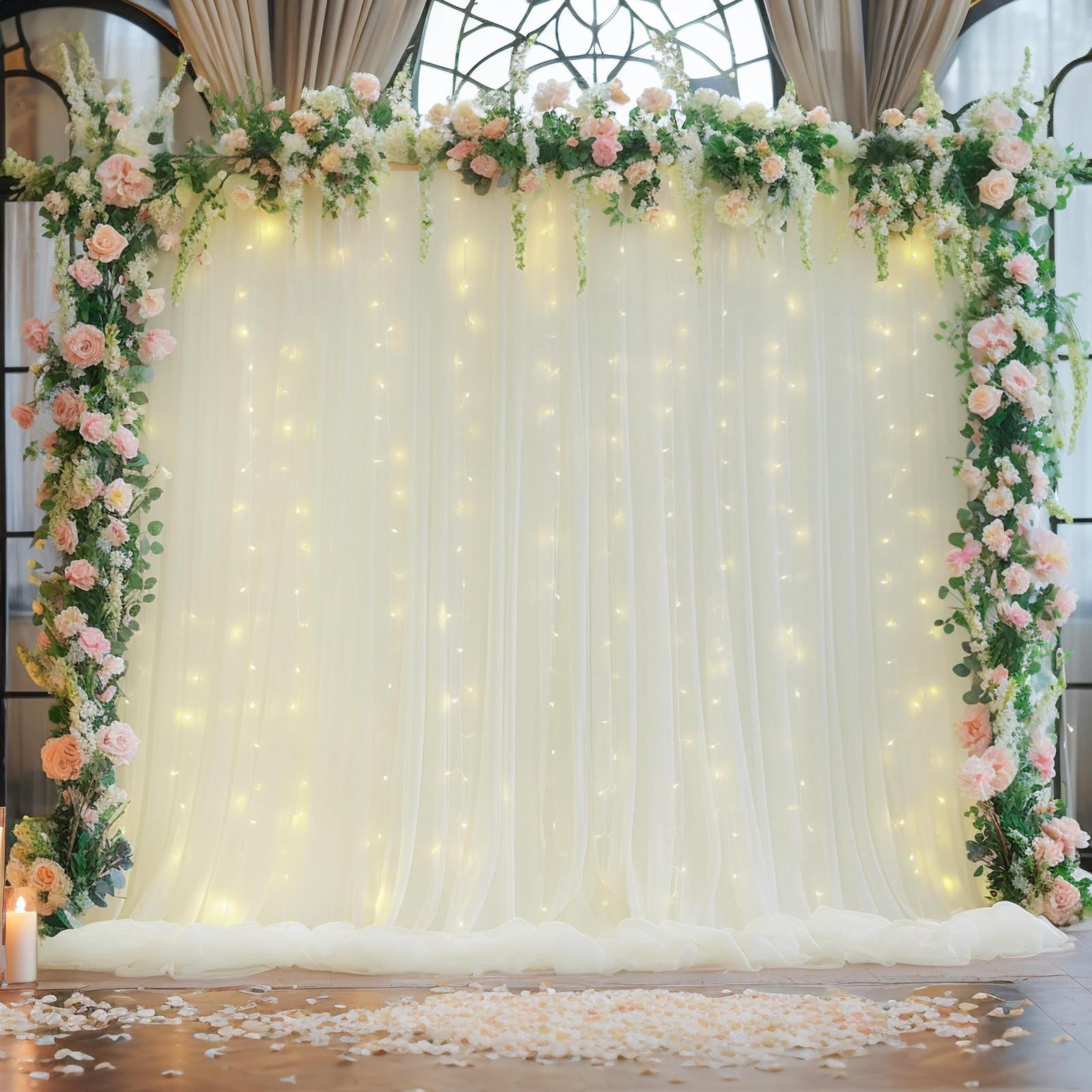 108FT Ivory Tulle Curtain Backdrop With Lights String Sheer Fabric Drapes