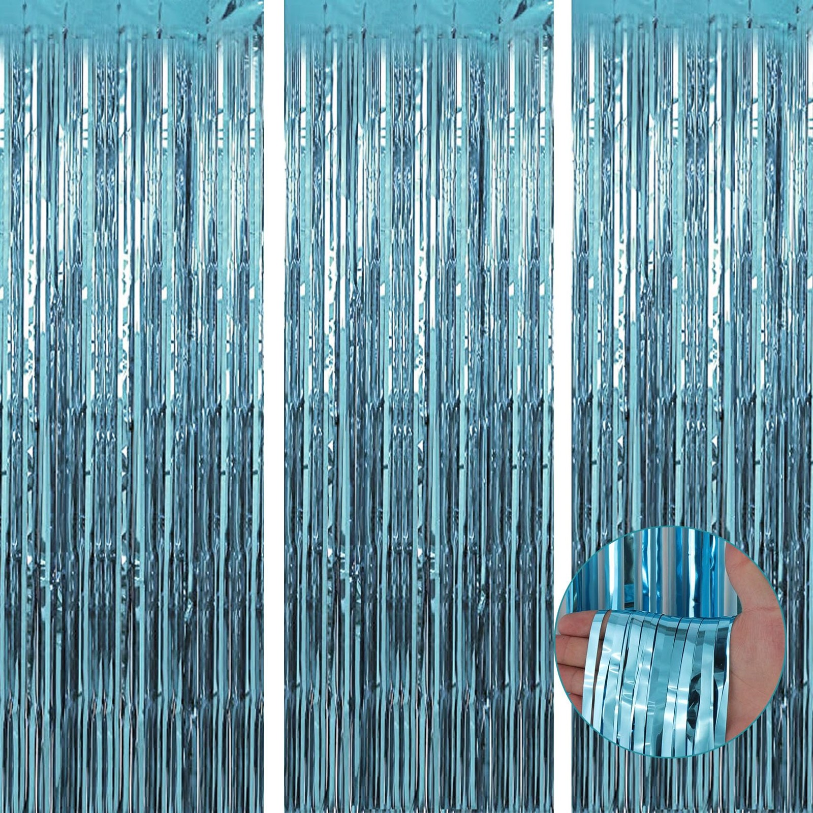 3 Pack 3.3 x 9.9 ft Light Blue Foil Fringe Backdrop Curtain Streamer Backdrop…