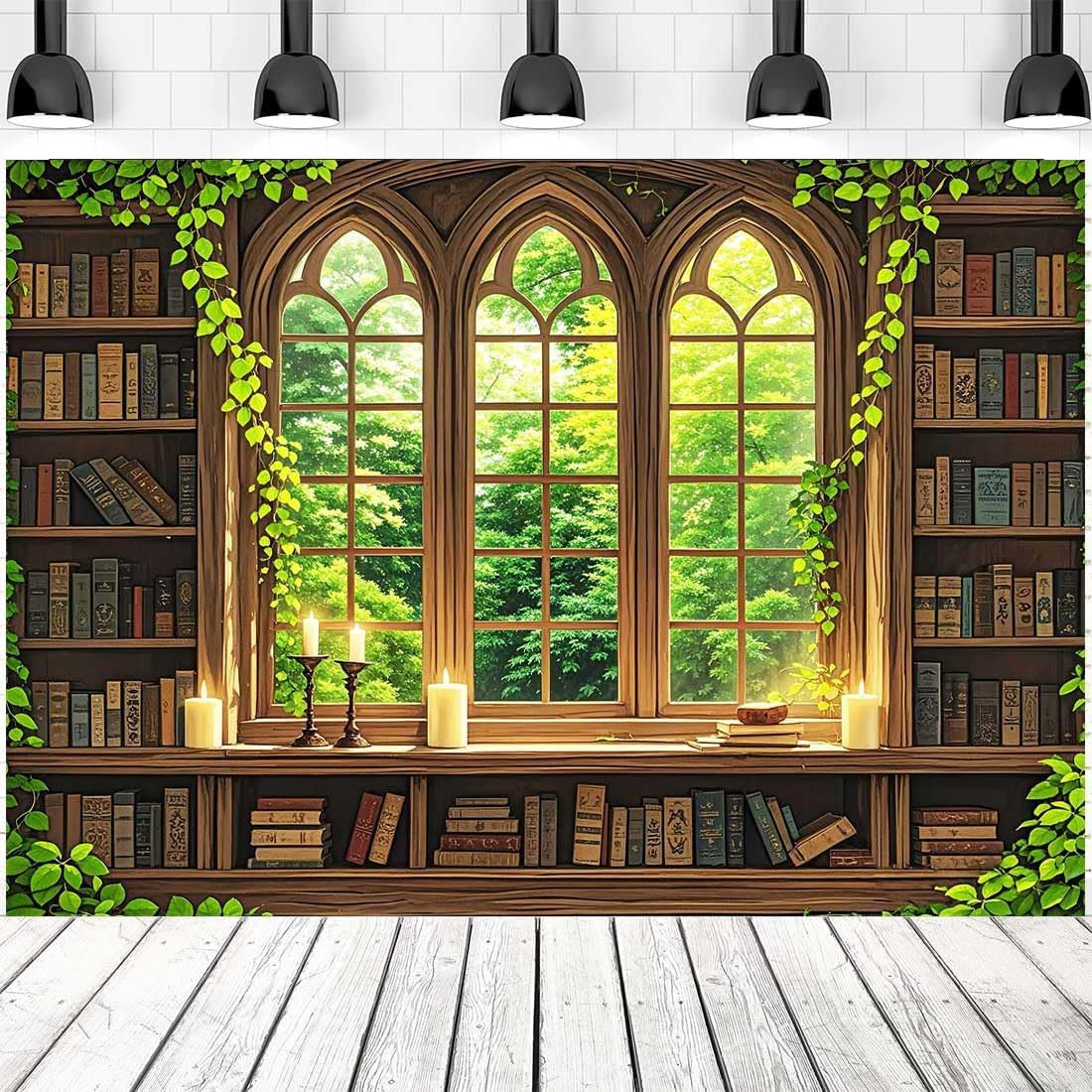 Vintage Wooden Bookshelf Backdrop for Photography Retro Library Window Green