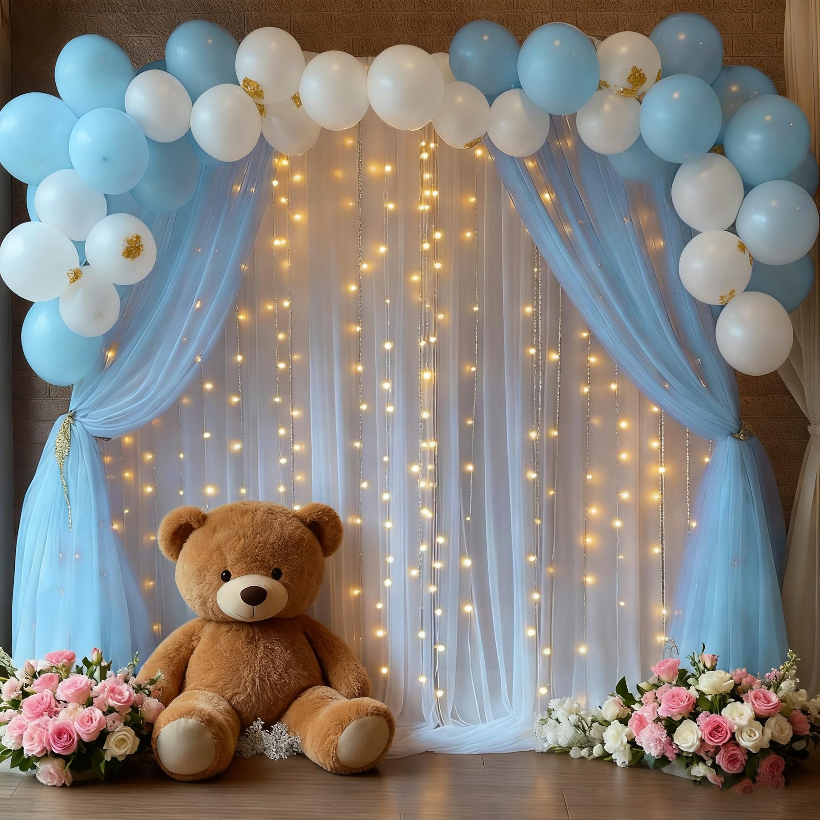 Tulle Backdrop Curtain Light String Wedding Ceremony Reception Baby Blue 10x10ft