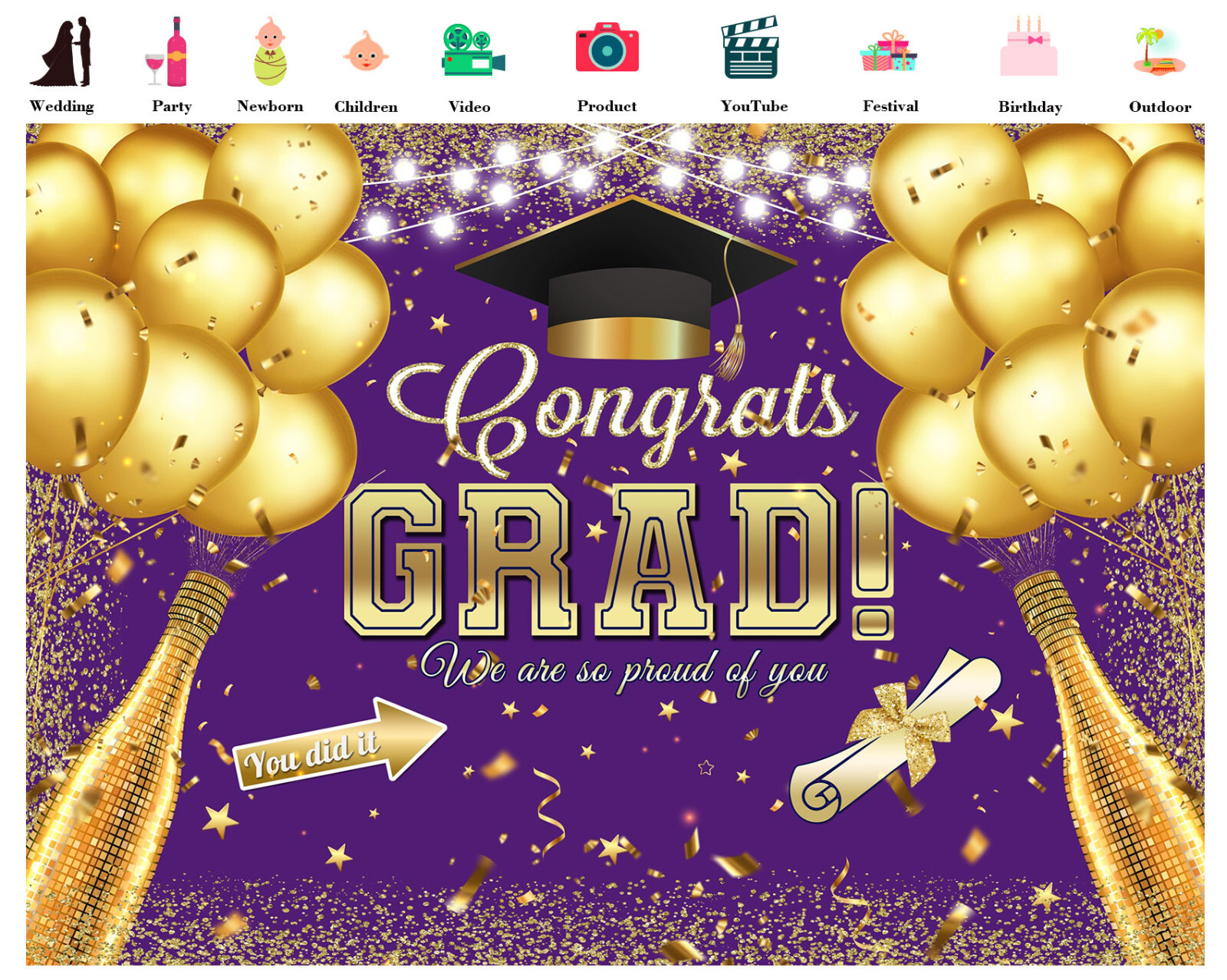 10x8ft Gold Balloon Graduation Party on Purple Photo Background Studio Props