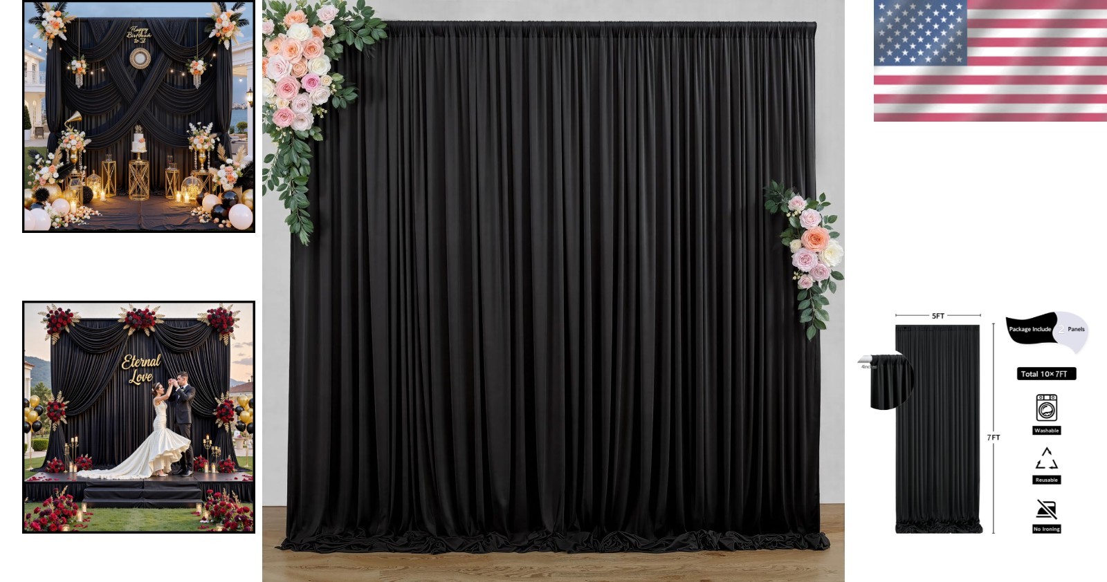 High-Quality 10ft x 7ft Black Backdrop Drapes for Photography & Celebrations