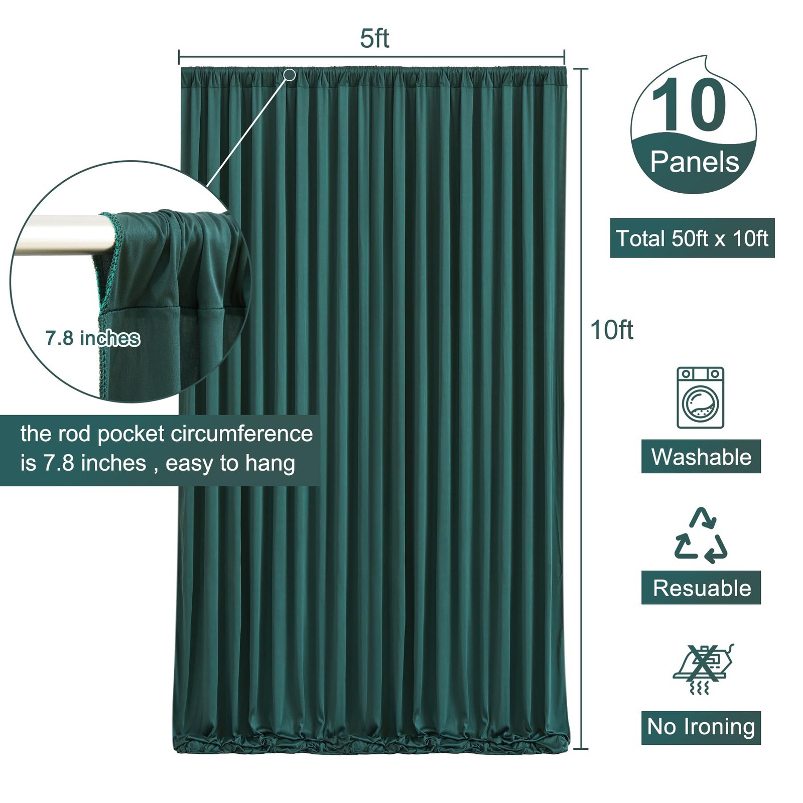 50ft x 10ft Wrinkle Free Hunter Green 5′(W) x 10′(H), 10 panels,