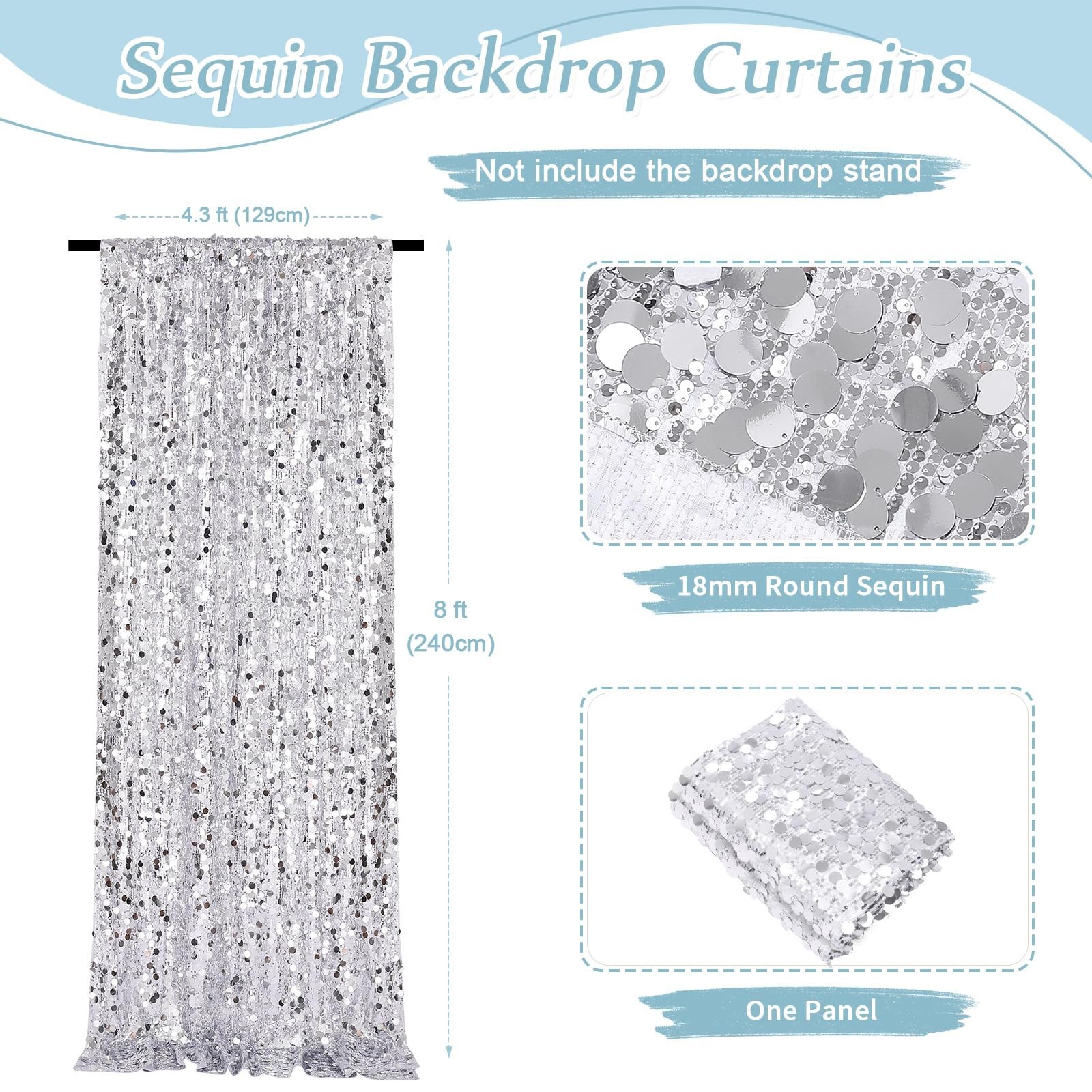 Silver Sequin Backdrop Curtain 8.6x8ft Glitter Drape Birthday Party Decor 2Pc