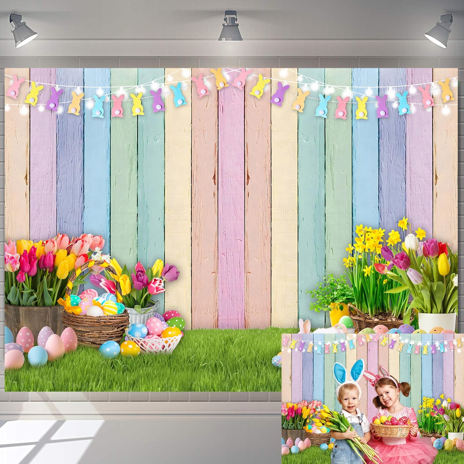 Easter Colorful Wood Backdrop Spring Flowers Green Lawn 7x5FT（210x150cm）