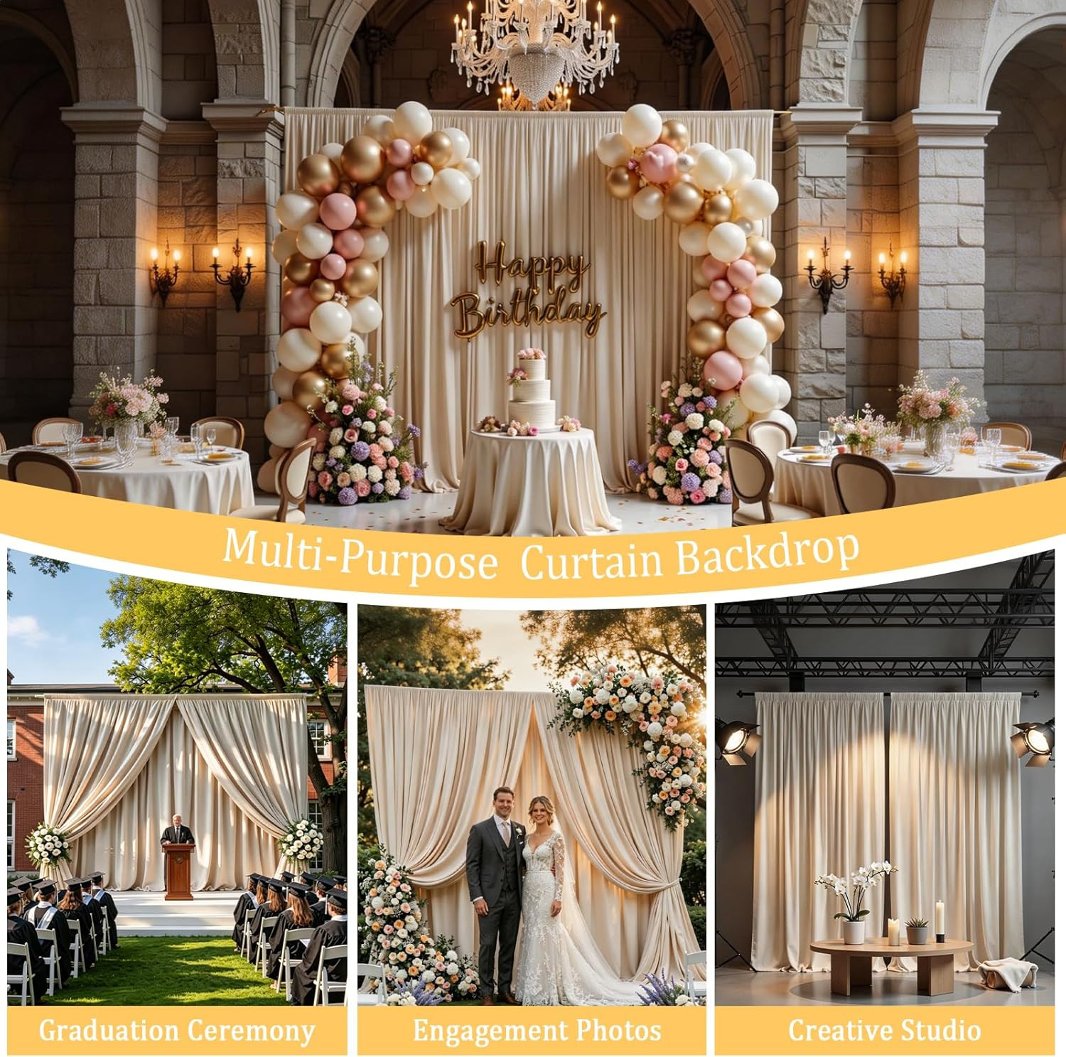 Warm Ivory Backdrop Curtain for Wedding, Polyester Photo Backdrop Drapes – 40FT