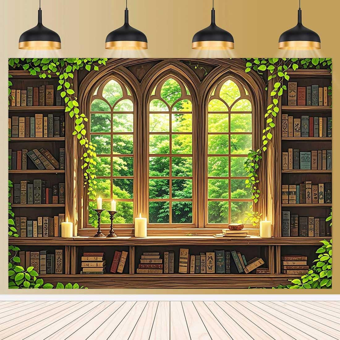 Vintage Wooden Bookshelf Backdrop for Photography Retro Library Window Green