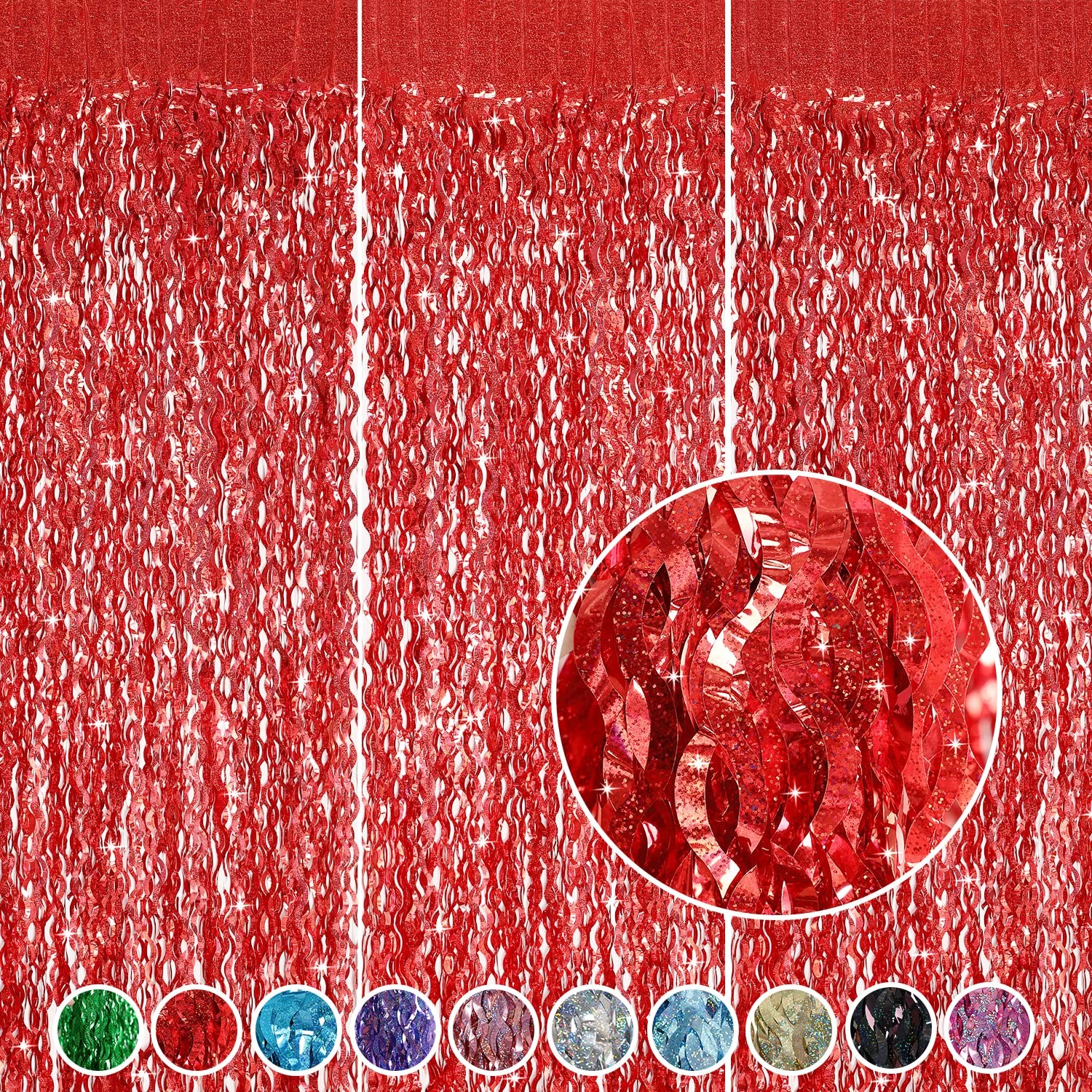 3 Pack Red Foil Backdrop Curtain, 3.3×6.6ft, Streamers, Birthday, Party