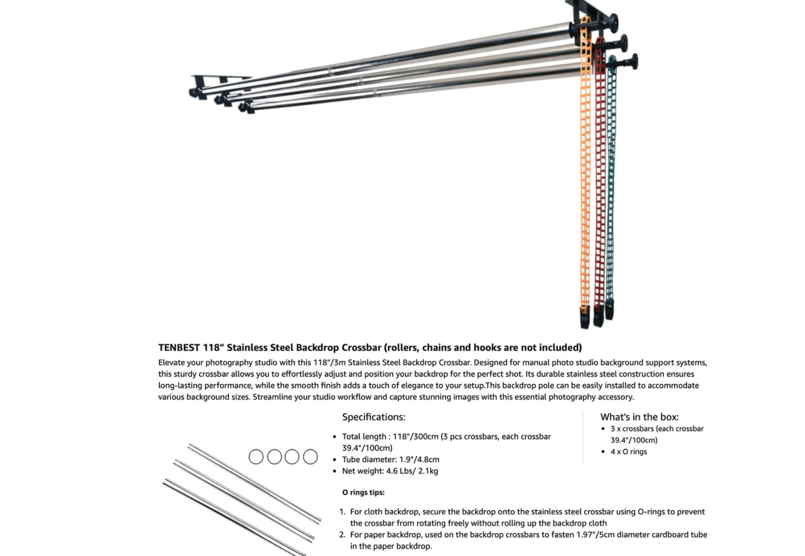118″/3m Stainless Steel Backdrop Crossbar for Manual Photo Studio Background Sup