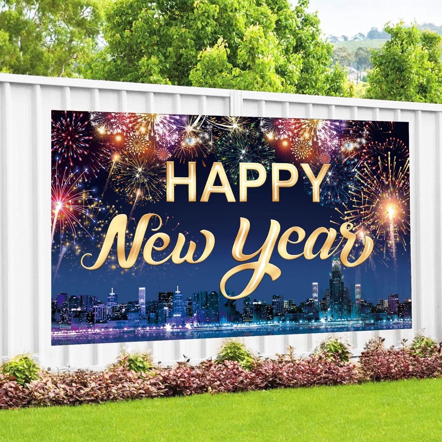 Famoby Happy New Year Fabric Sign Poster Banner Backdrop with Fireworks Large