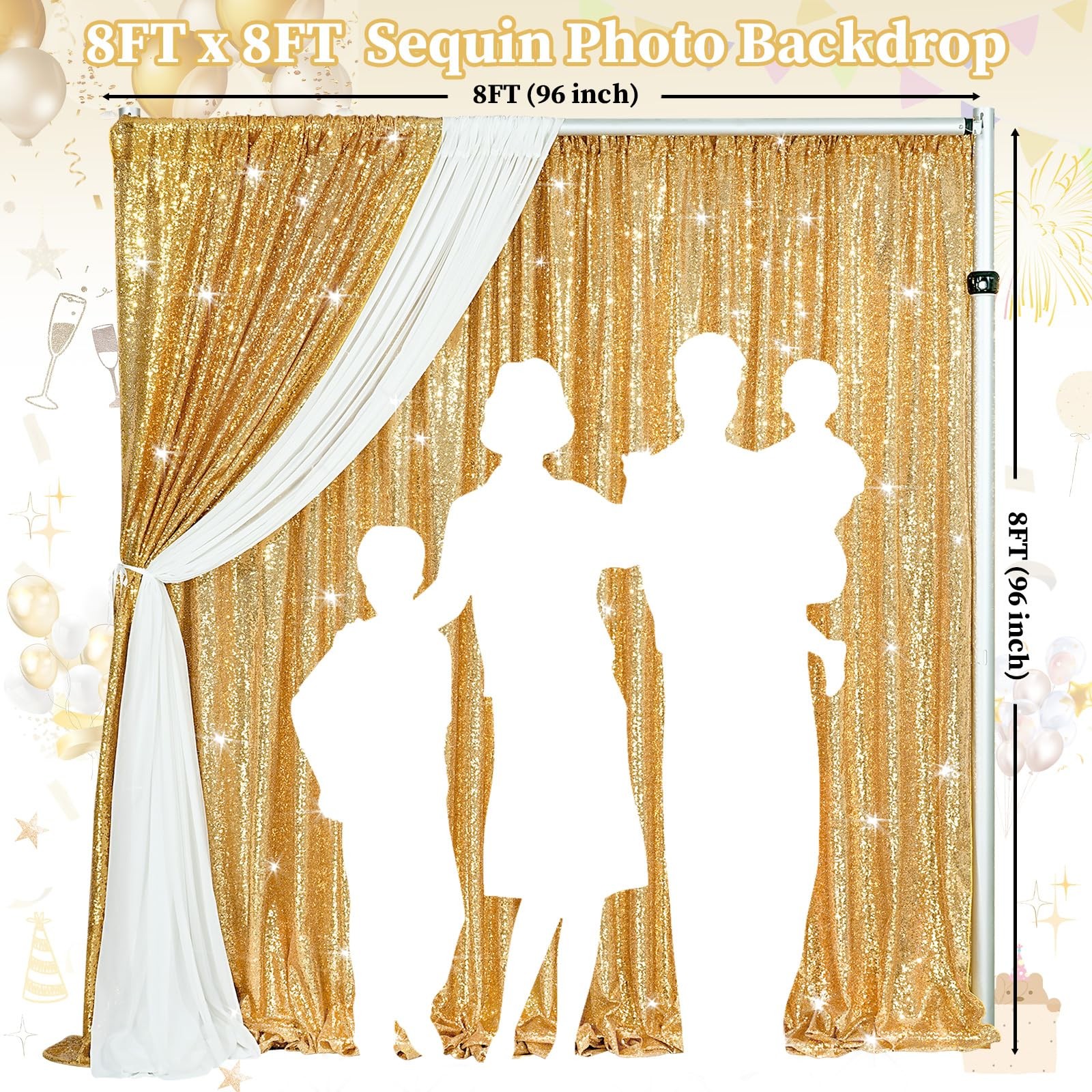 Gold Sequin Backdrop Curtain 8×8 Ft Glitter Gold Photography Background