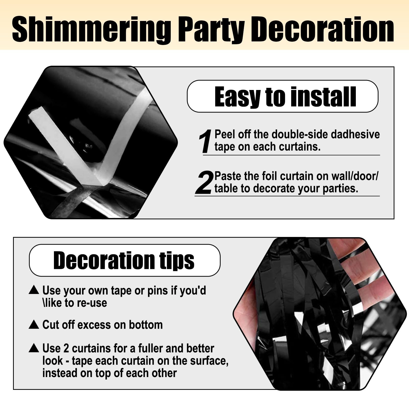 3 PCS Black Foil Fringe Curtain Backdrop 3.28×8.2 Ft Metallic Photo Booth
